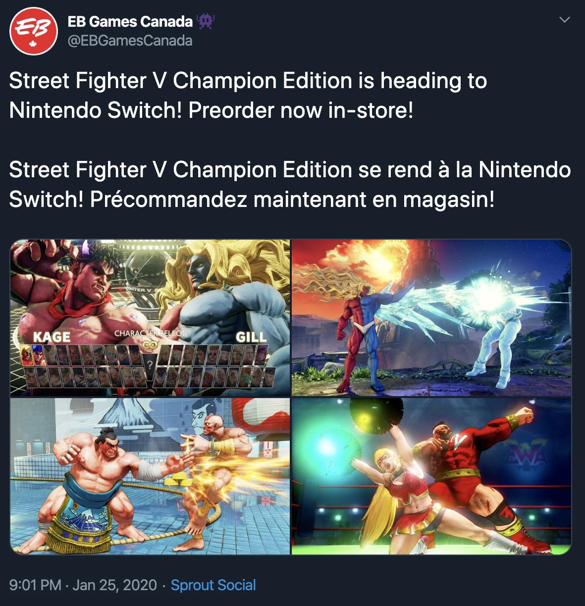 EB Games Canada Street Fighter V Champion Edition Tweet