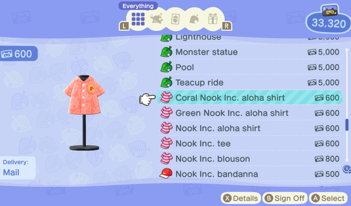 Animal Crossing: New Horizons Coral Nook Inc. aloha shirt Screenshot