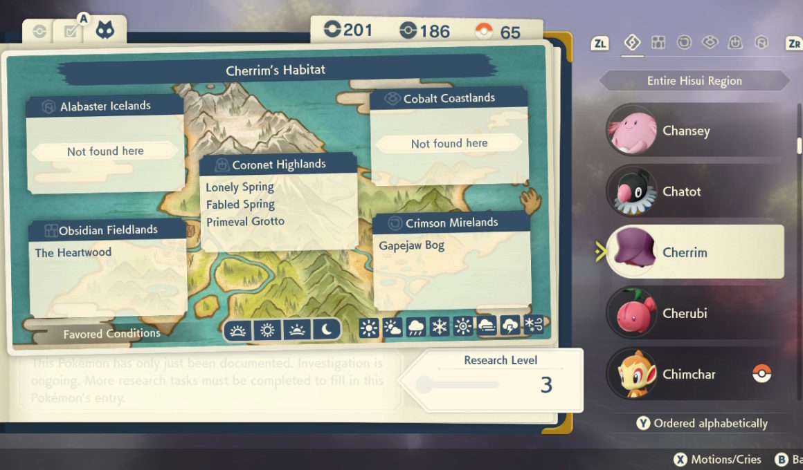 A screenshot that shows Cherrim spawn locations in Pokémon Legends Arceus