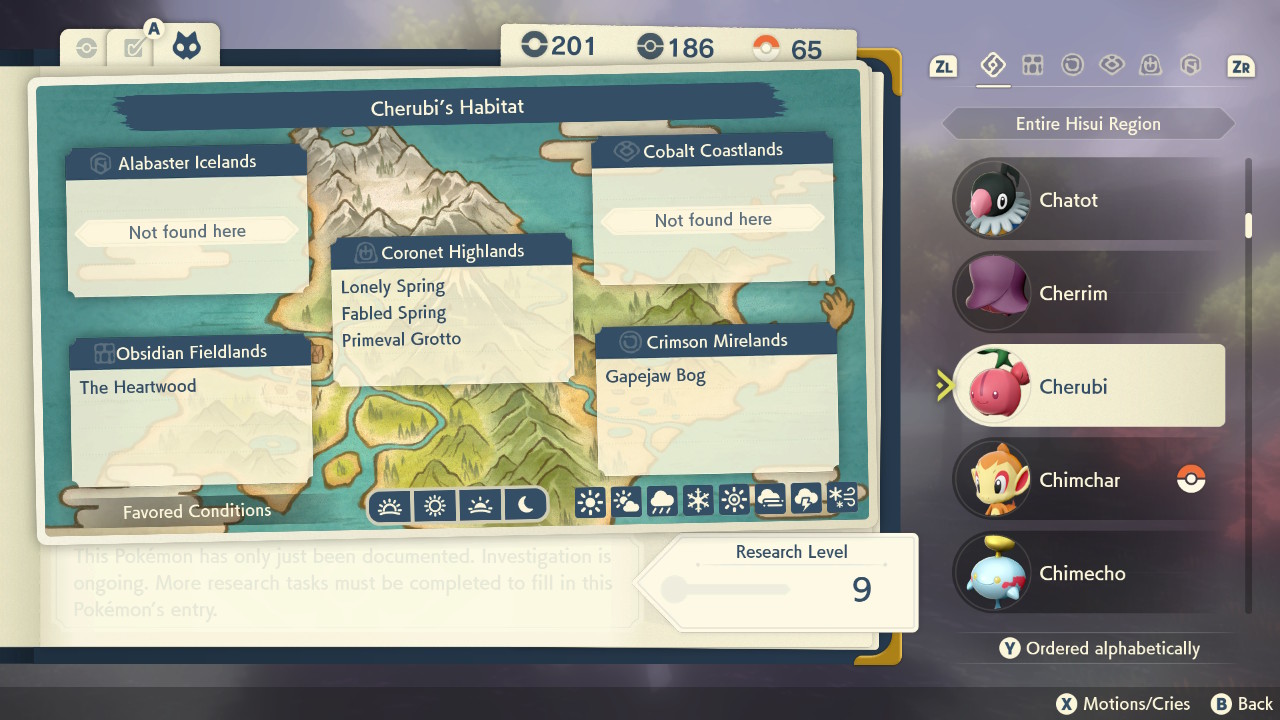 A screenshot that shows Cherubi spawn locations in Pokémon Legends Arceus