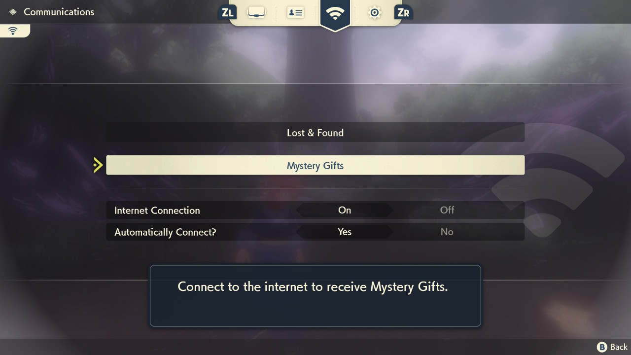 A screenshot that shows the Mystery Gifts menu in Pokémon Legends Arceus