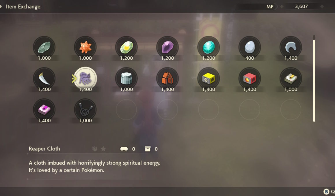 A screenshot that shows Trade Evolution items in Pokémon Legends Arceus