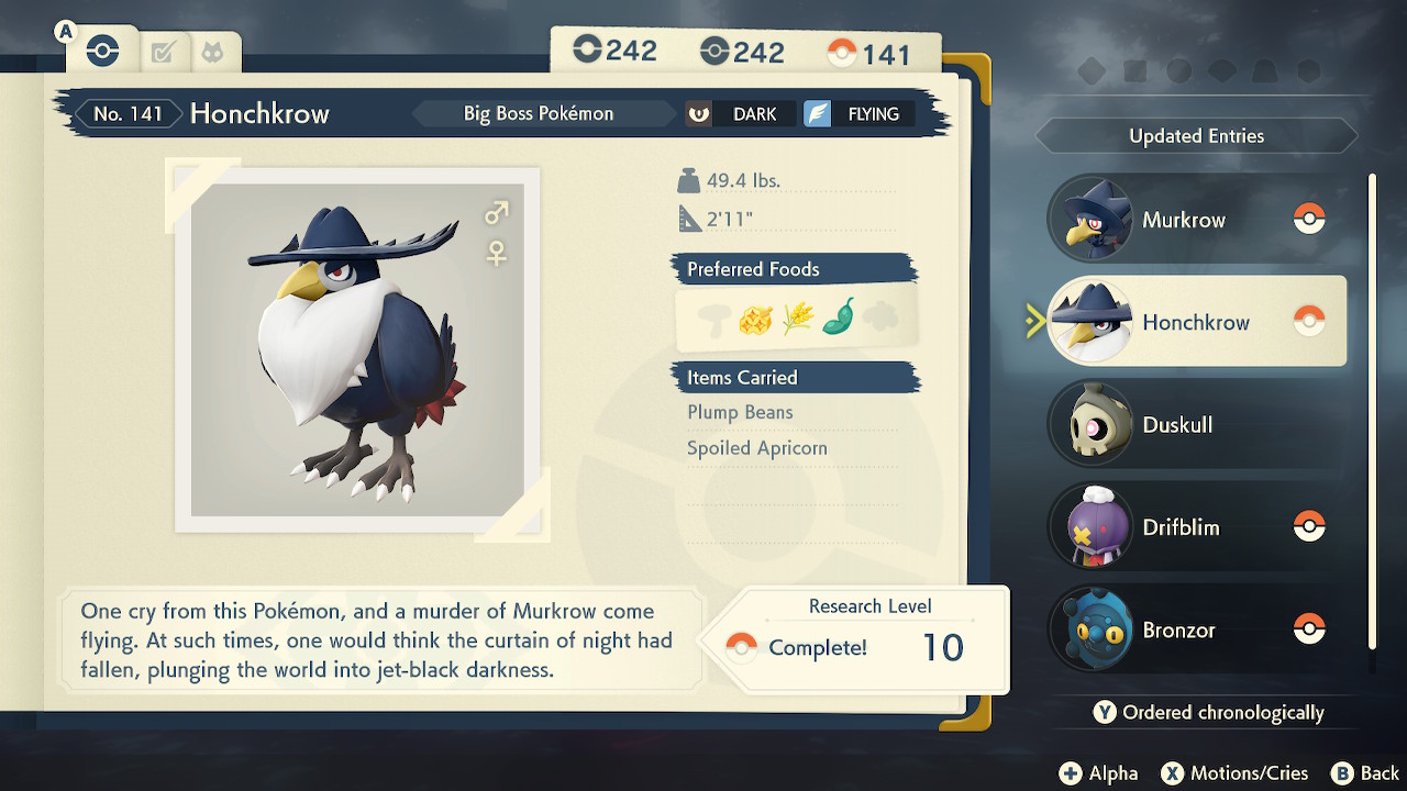 A screenshot that shows Honchkrow in Pokémon Legends Arceus