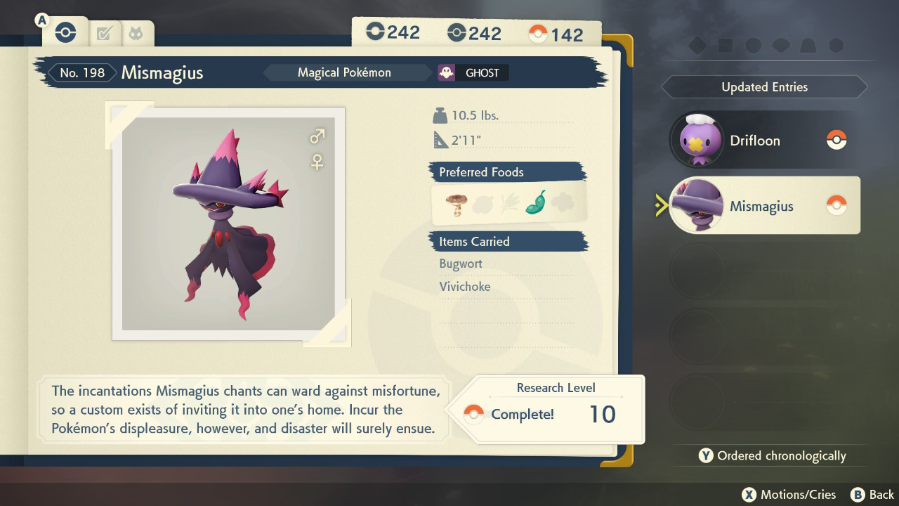 A screenshot of Mismagius in Pokémon Legends: Arceus