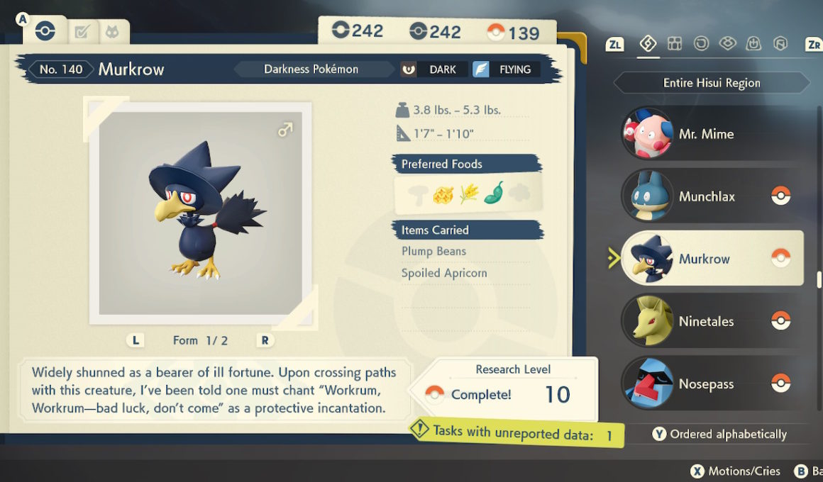 A screenshot that shows Murkrow in Pokémon Legends Arceus