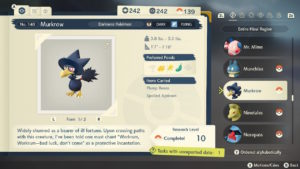 A screenshot that shows Murkrow in Pokémon Legends Arceus