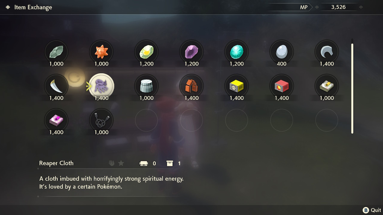 A screenshot of the Reaper Cloth item in Pokémon Legends Arceus