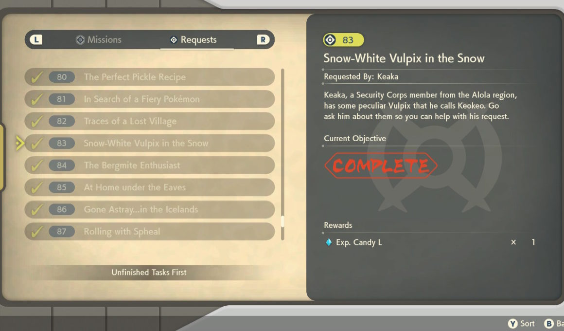 A screenshot showing the Snow-White Vulpix in the Snow Request in Pokémon Legends: Arceus