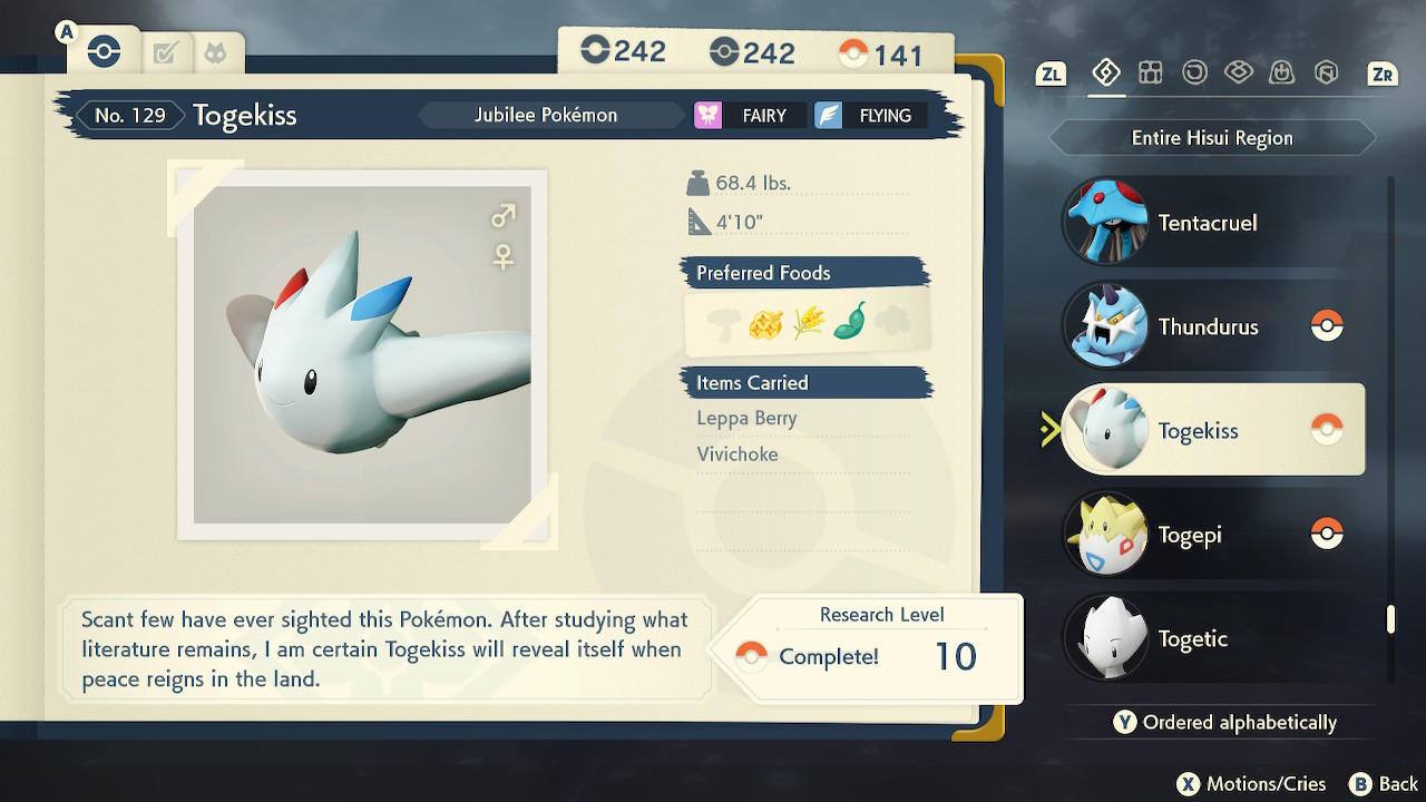 A screenshot of Togekiss in Pokémon Legends Arceus