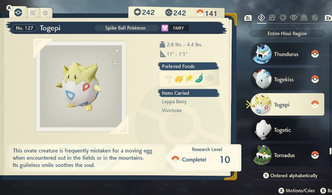 A screenshot of Togepi in Pokémon Legends Arceus