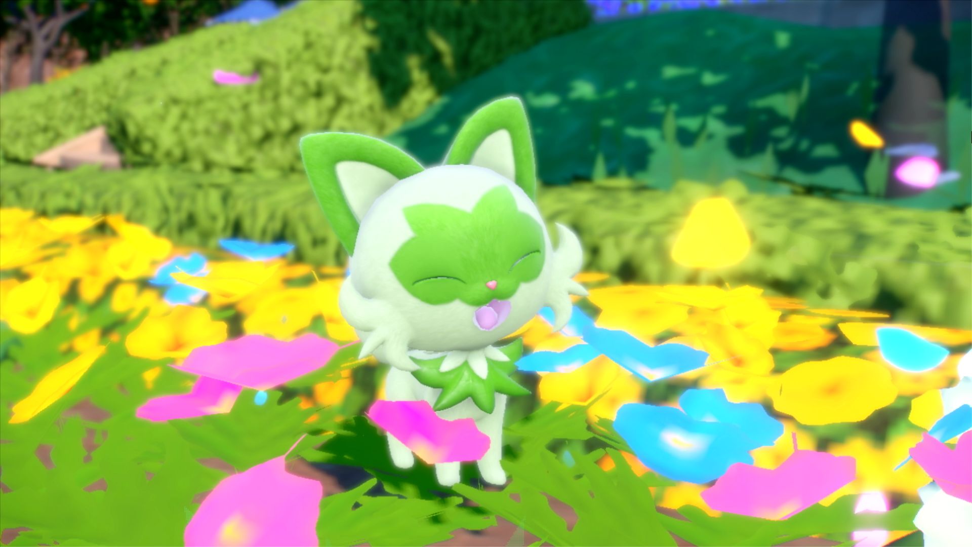 A screenshot of Sprigatito in Pokémon Scarlet and Pokémon Violet