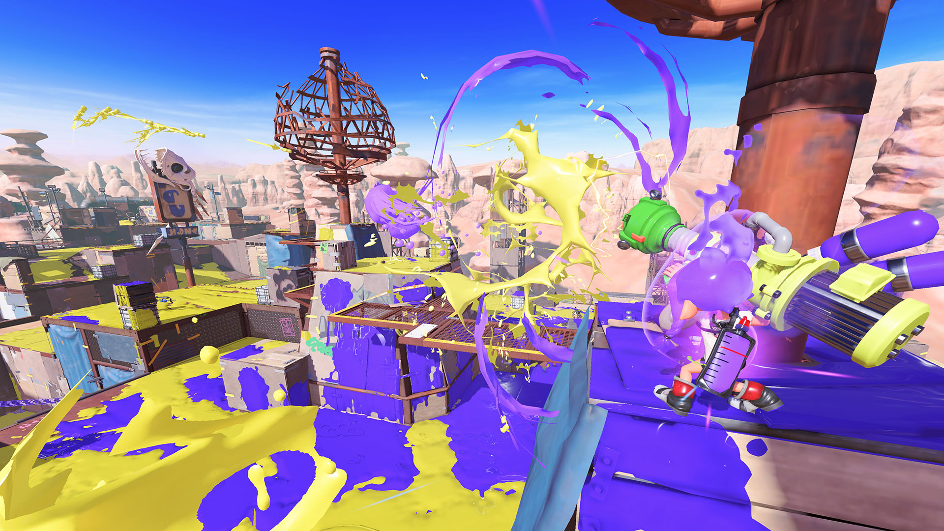 A screenshot of the Scorch Gorge stage in Splatoon 3